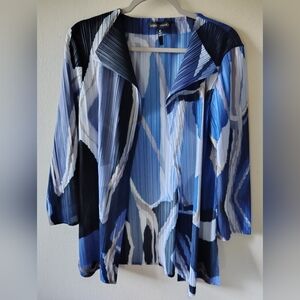 Ming Wang Blue Watercolor Plisse Pleated Lightweight Open Front Cardigan Medium